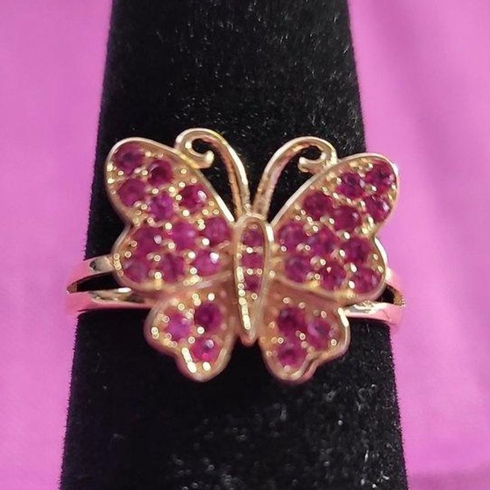 Simulated Ruby color diamond butterfly ring 14K rose gold over sterling silver